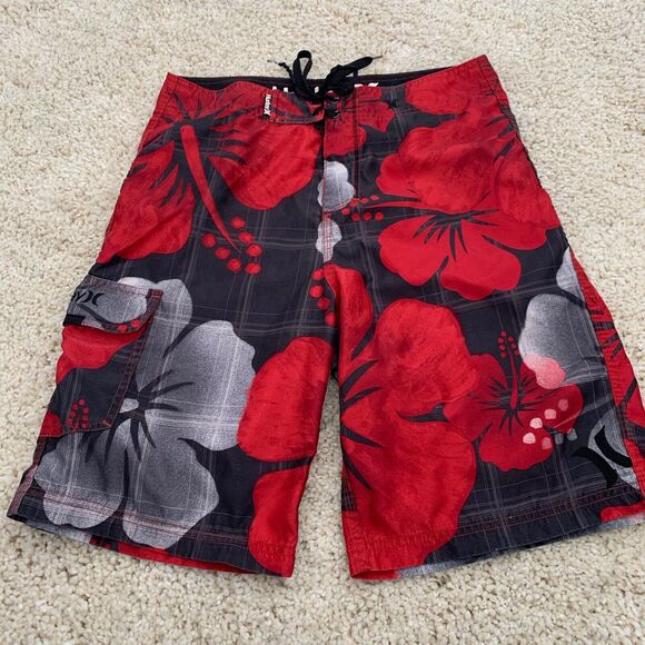 HURLEY Board Shorts Mens Size 30 Cargo Pocket Drawstring Red Hibiscus - Picture 5 of 5